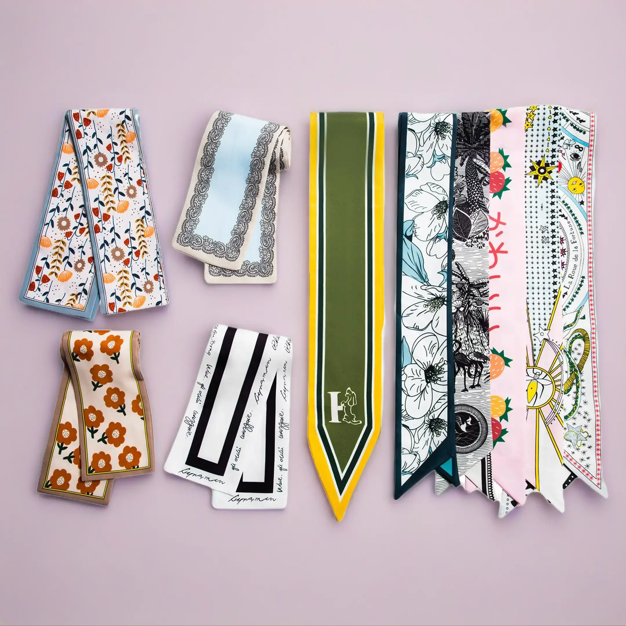 Ribbon Scarf Set for Women - 10 Pieces Purse Scarf, Handbag Handle Wrap & Headband - Elegant Printed Scarves for Fashion Accessories