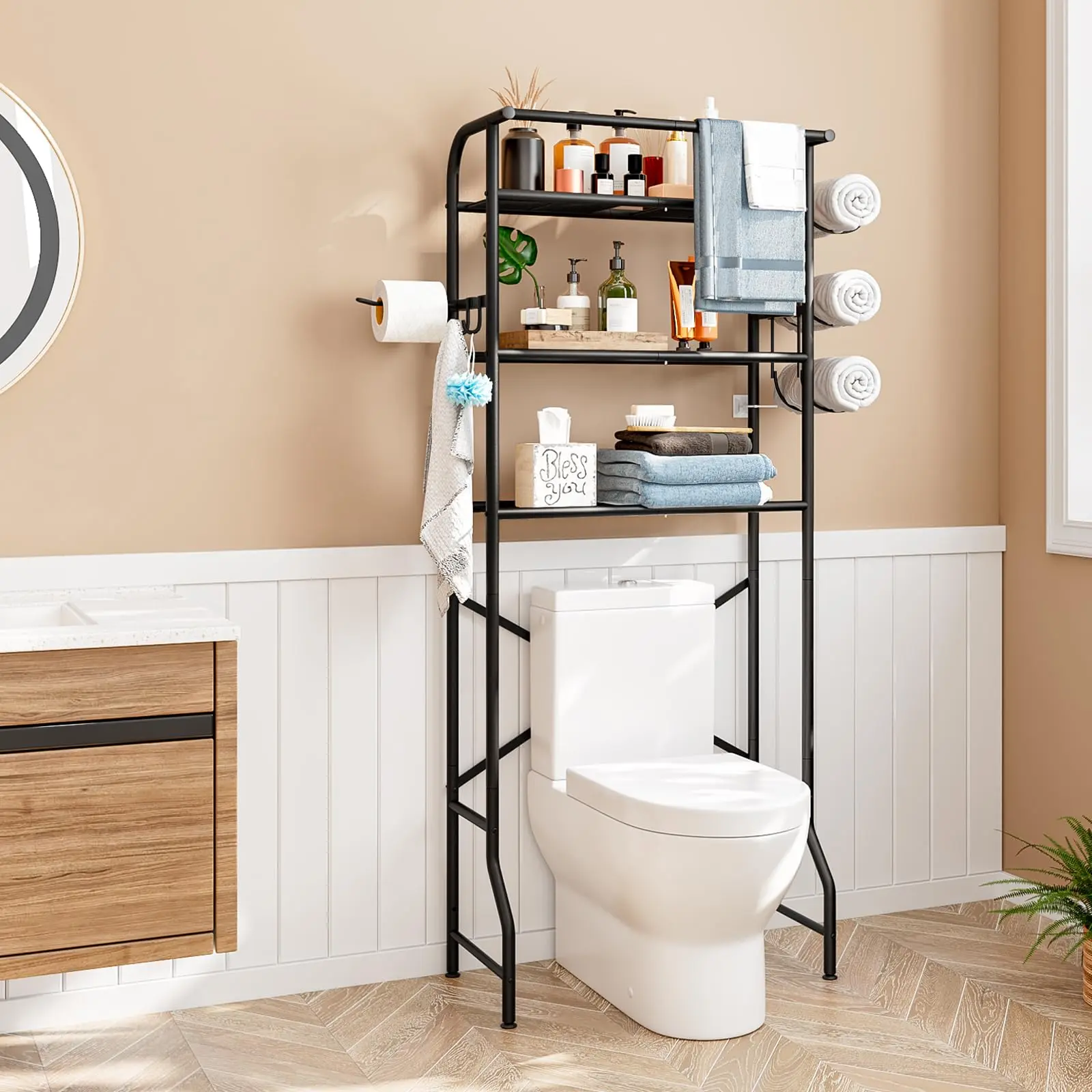 SUOERNUO 3-Tier Metal Over-The-Toilet Storage Shelf with Paper Holder, Waterproof Space-Saving Rack, Easy-To-Assemble Bathroom Organizing Accessories