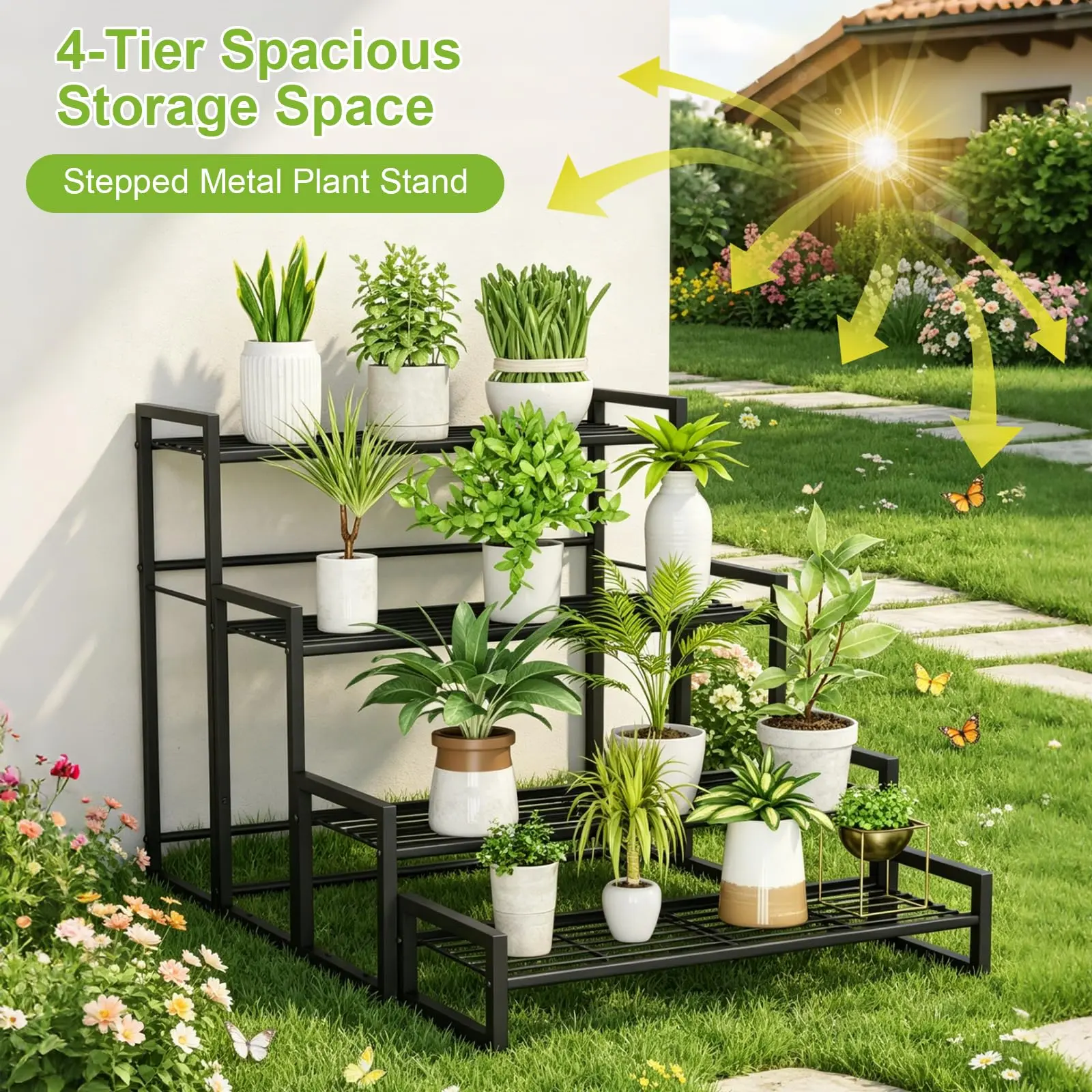 Black 4-Tier Tall Rectangular Metal Frame Plant Stand - Single Heavy-Duty Scalable Flower Pot Holder, Widened Stackable Garden Shelf for Indoor Corner, Living Room