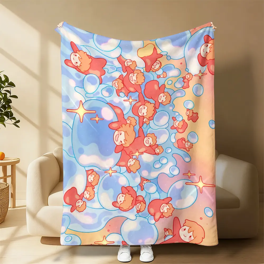 Studio Ghibli Ponyo Bubble Collage Flannel Fleece Throw Blanket - Pastel Gradient Sparkle Stars Print, Soft Cozy Contemporary Kawaii, Anime Lovers Gift, Home Travel Use, Living Room Decor