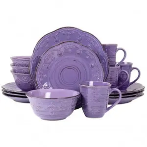 Elama 16-Piece Rustic Birch Stoneware Tableware Set - Round Dishes, Purple