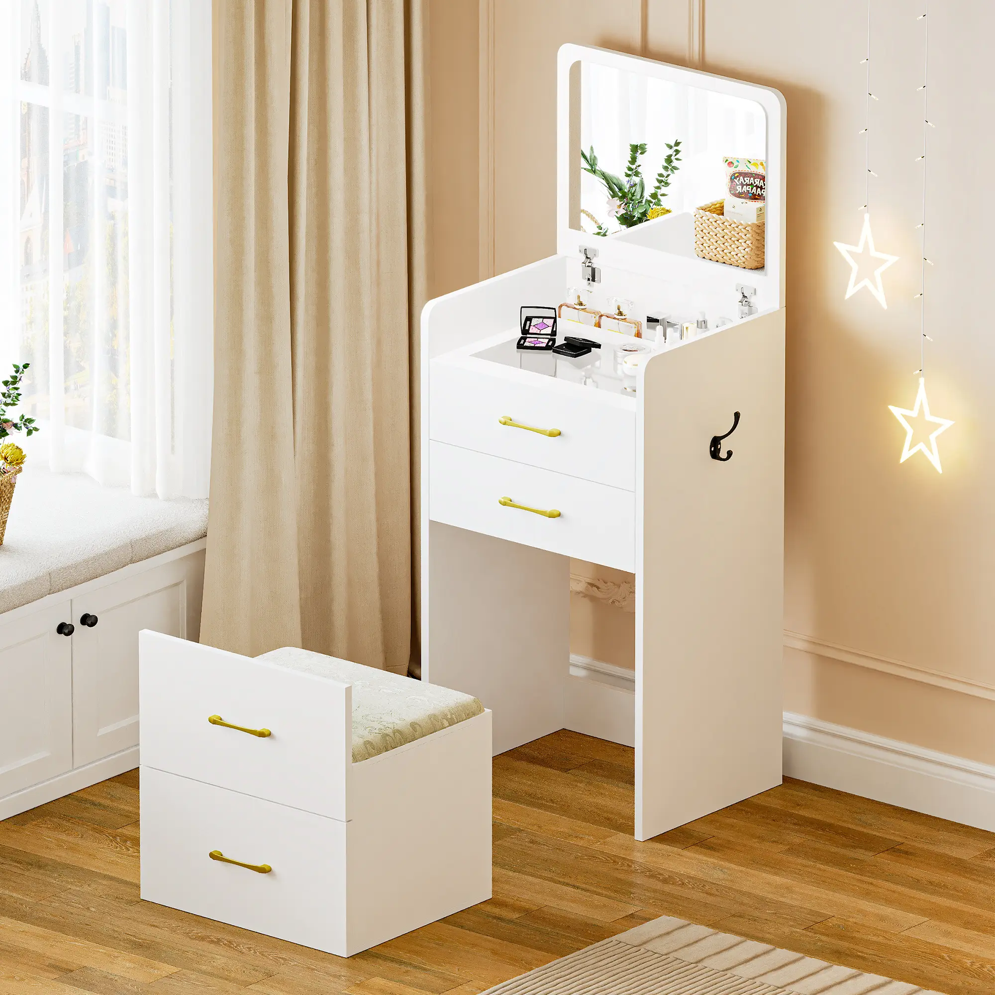 Vlsrka 3-in-1 Vanity Nightstand & Chair with Flip-Up Mirror Spacious Storage Glass Desktop & Clothes Hook Comfortable Cushion,dorm essentials,home decor