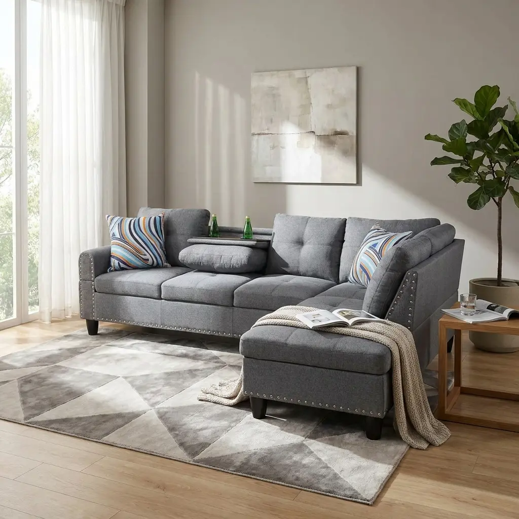 Grey Linen-Cotton Living Room Sofa Set with Copper-Nail Finish, Anti-Insect Solid Wood Frame, Double-Layer Springs, High-Density Sponge, Mould-Proof Foam, Breathable, Wear-Resistant, Non-Pilling Fabric, Durable Right/Left Options for Modern Home Decor