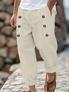 Men's Casual Loose Fit Wide Leg Trousers, Drawstring Waist & Button Pocket Design, Lightweight Breathable Fabric, Daily & Vacation Style