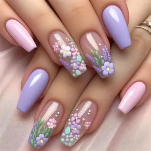 24 Pcs Preppy Style Floral Nail Art Tips, Long Ballerina Detachable Nails, Easy Wear Manicure Set for Women & Girls