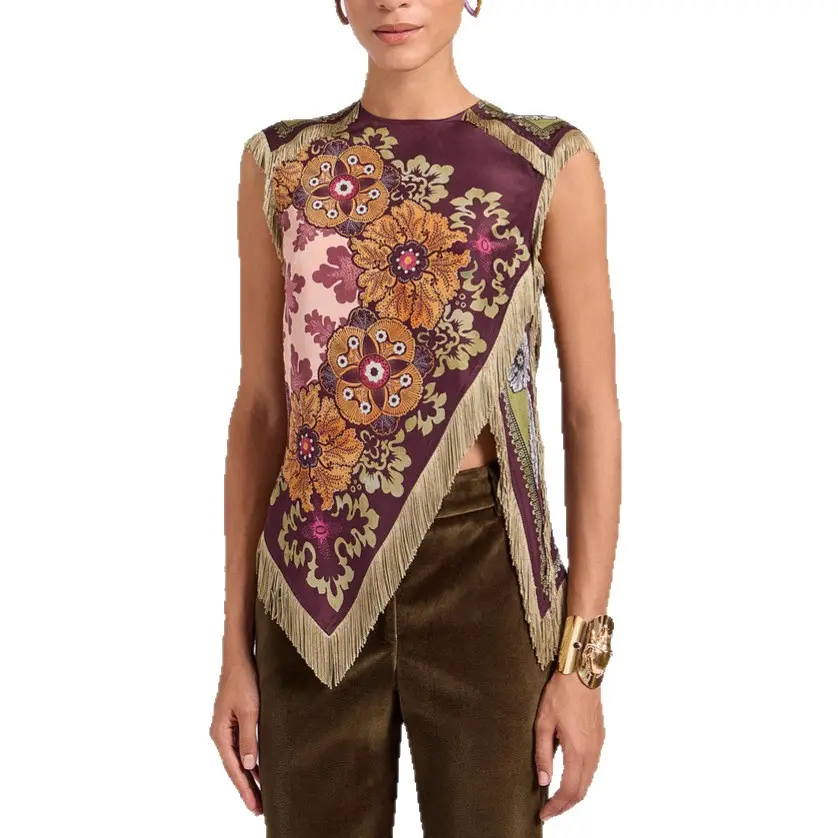 Women's Silky Lightweight Boho Vintage Floral Scarf Print Gloss Satin Wrap Sleeveless Blouse - Fringe Tassel Trim, Asymmetrical Hanky Hem, Hidden Zip, Minimalist Retro Luxe - For Fall Office, Old Town Street Café Outfits, Matching Trouser Compatible, Soft