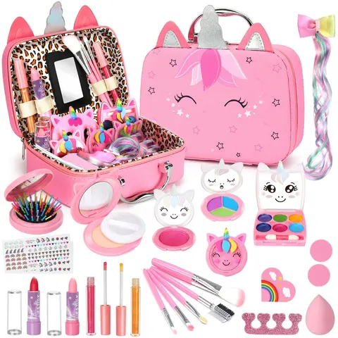 Children Unicorn Makeup Set for Girls, Washable Non-Toxic Role Play Cosmetics, Portable Makeup Box, Princess Toy Gift for 3-12 Years,Birthday gifts, Christmas gifts, Pretend Play Item