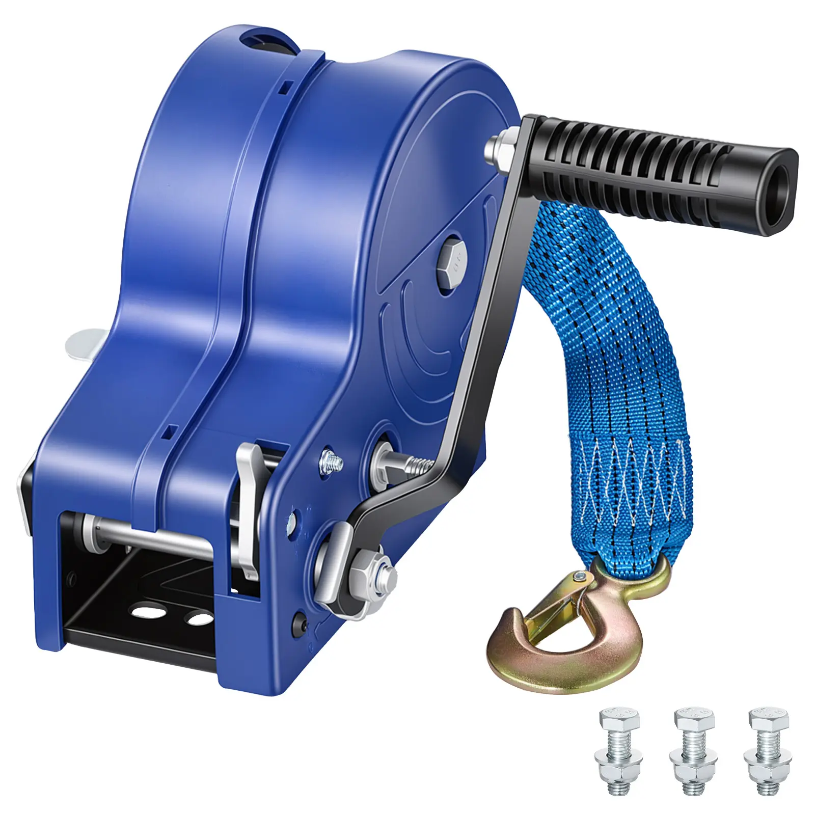 【summerfinds】VEVOR Boat Winch, 3500 lbs Hand Winch, Heavy Duty Manual Rope Crank with 20ft Gray-Black Polyester Strap, Portable Two-Way Ratchet, Anti-Slip Handle Gear for Boat Trailer ATV Towing