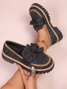 Ladies' Spring/Summer Fashion Retro Vintage Valentine's Day Loafer Shoes/Leather Shiny Bowknot Decoration Thick Bottom High Platform Outdoor Casual Shoes/Lightweight Comfortable Soft Sole Skid-Resistant Durable Commuting Sports Shoes