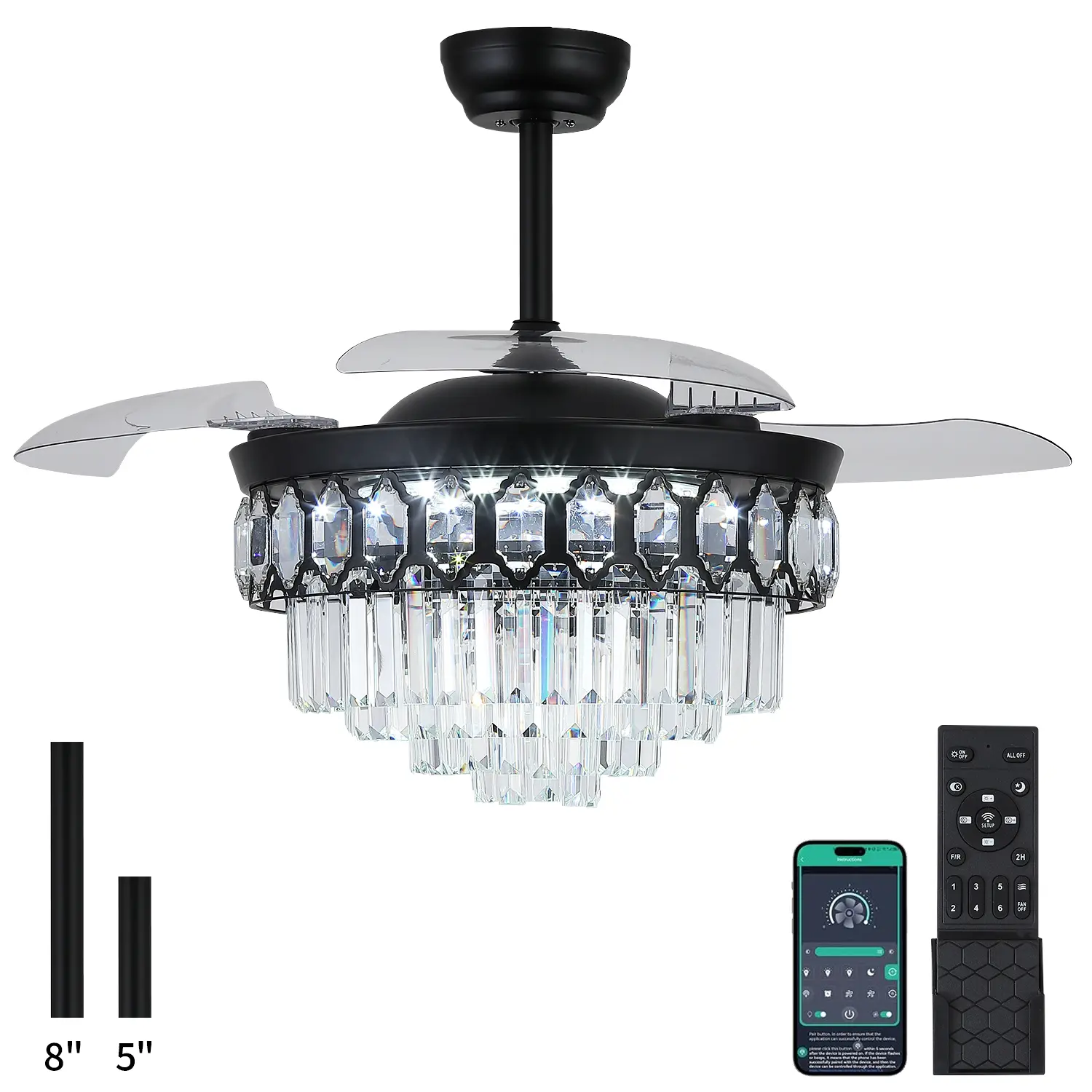 Kviflon 48-in Invisible Crystal Ceiling Fan with Light - Silent DC Motor, 6 Speeds, 3-Color LED Powered, Remote Control, Modern Design, Dual Mode Fanlights, Elegant Decorative Atmosphere Lighting-9018, Ceiling Fans Lights, Crystal Chandelier Fan