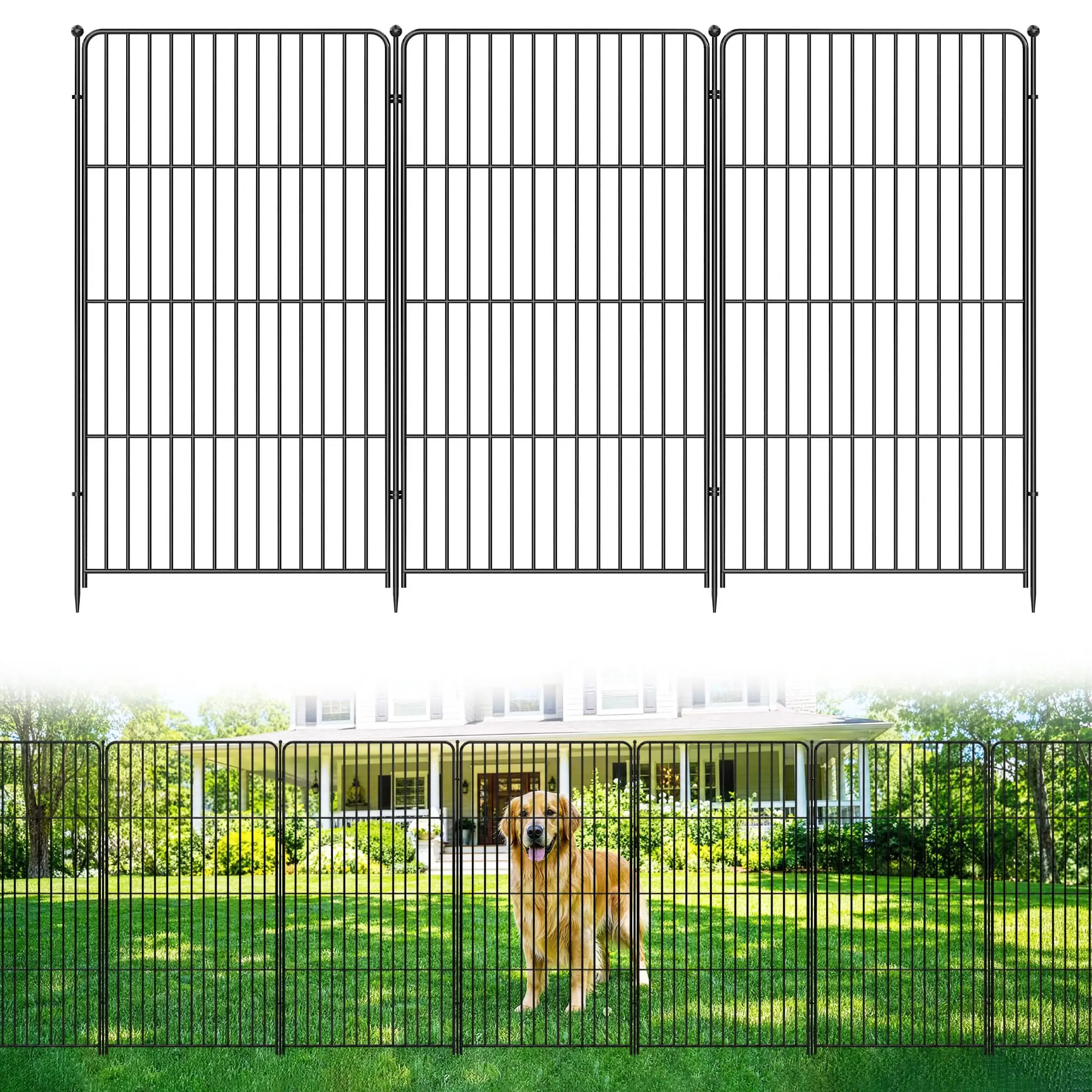 Garden Fence, 48in(H) x 17.7ft(L) 8 Pack Garden Fencing Animal Barrier, Metal No Dig Fence, Dog Fence Outdoor for Yard, Dog Playpen Outdoor Decorative Garden Fences for Yard Patio, Black