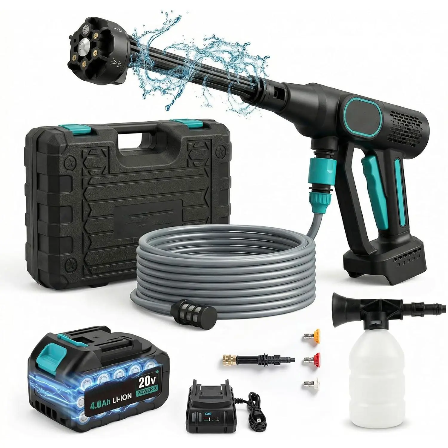 Battery Powered Pressure Washer Cordless, Home Portable Handheld Pressure Washer Cleaner 500PSI Power Washer, 6-in-1 Nozzle, 23FT Detachable High-Elastic Hose, 20V 4.0Ah Battery&Charger