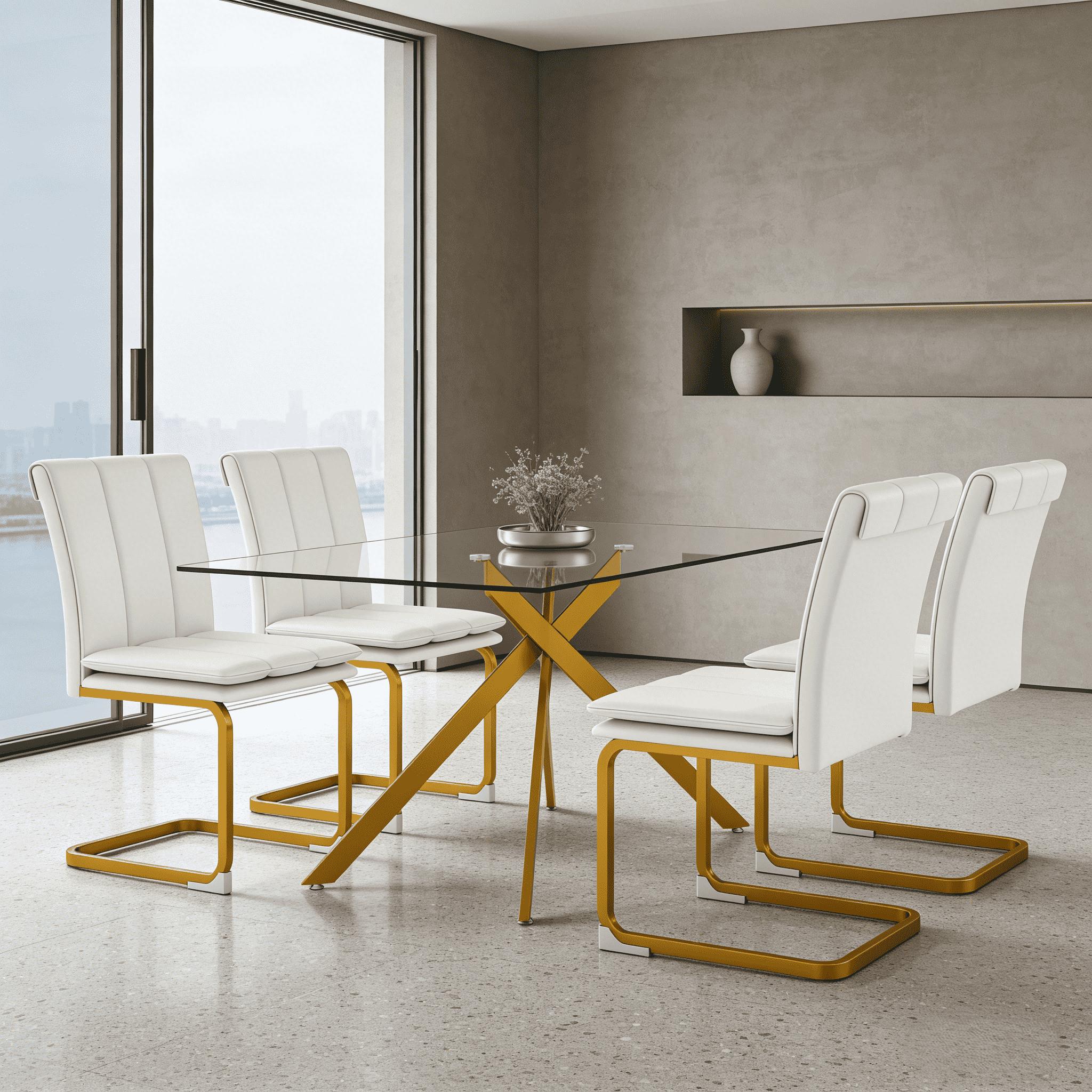 51.18 "Rectangular Glass Dining Table with Clear Tempered Glass, Golden Plated Tubular Metal Legs with Adjustable Leveling Feets, Kitchen Table for Dining Room,Dinner Table（ONLY TABLE）