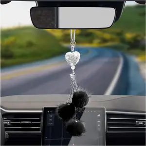 Bling Car Hanging Ornament, Cute Love Heart and Pink Plush Ball Rear View Mirror Pendant for Women Girls, Crystal Auto Rearview Mirror Charm Decor Accessories for All Vehicles (Black)