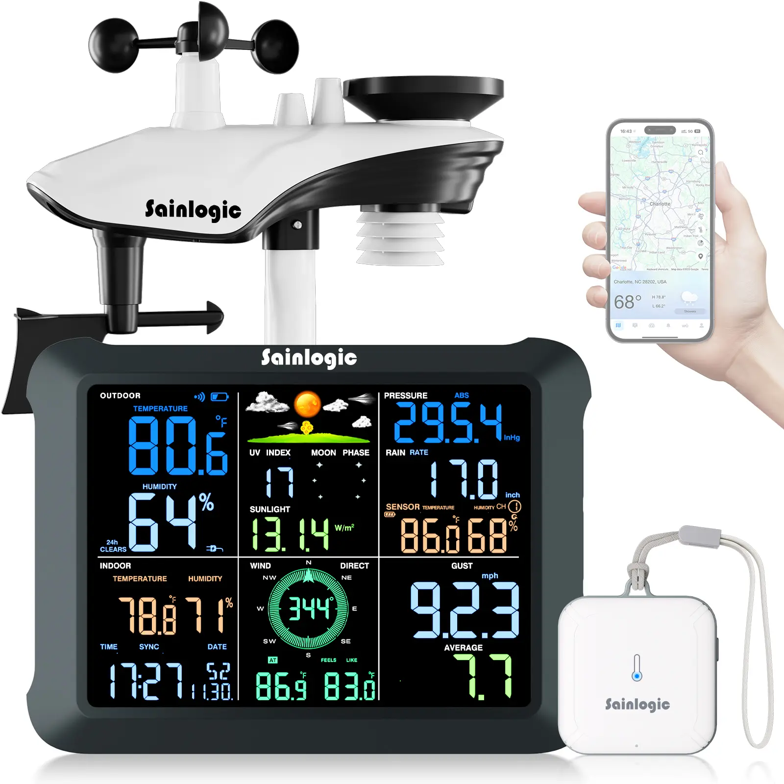 Sainlogic SA9 Plus Smart WiFi Weather Station with Wireless Indoor-Outdoor Sensor, 24/7 AI-Powered Forecasts via Weatherseed AI, Wind Speed Monitor, Rain Gauge, UV Detector, Alerts, 2-Year Data Export, 8.5-Inch Large Screen for Backyards & Basements, Temp