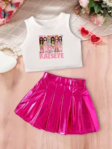 Girls' Summer Sweet Cool Sleeveless Set, Katseye Cartoon Print, Loose Fit Skirt, Breathable, Trendy Street Style, Perfect for Outdoor Activities, Casual Summer Set