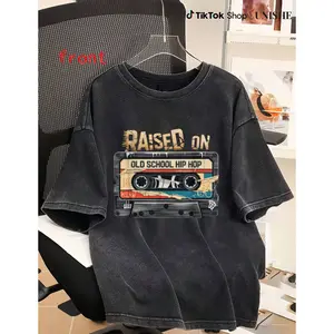 Street Style Washed T-Shirt Featuring Old School Hip Hop Cassette Art