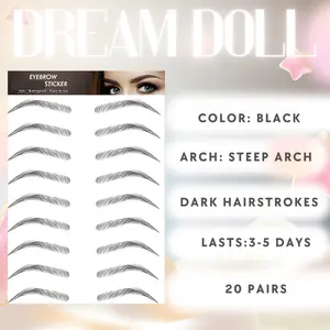 Dream Doll Instant Brow Stickers Black Steep Arch Dark Hairstrokes Lasts 3-5 Days 20 Pairs Free Gifts
