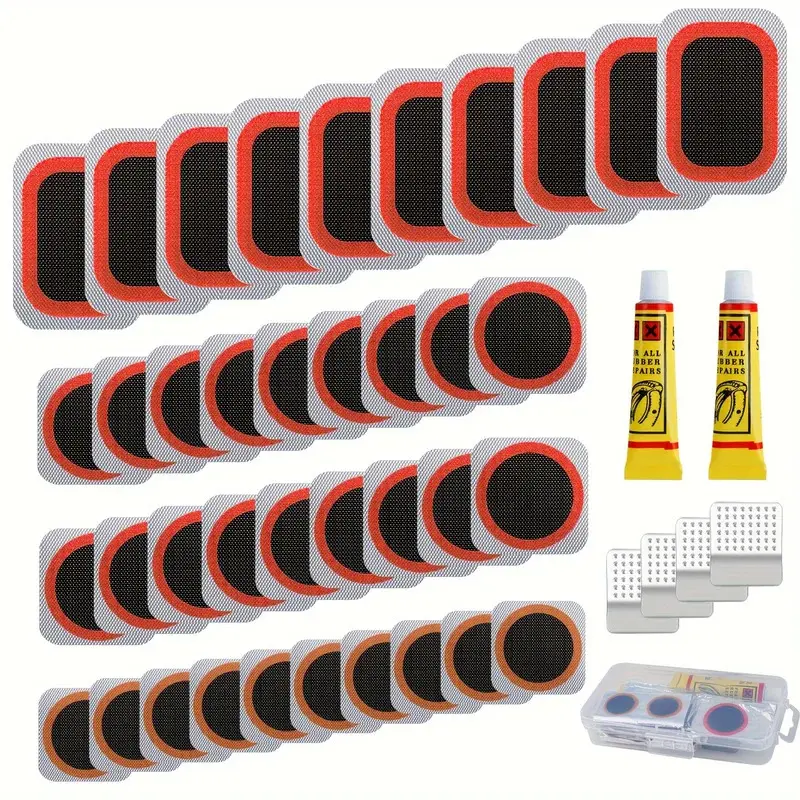 Bike Tire Repair Kit - Bicycle Inner Tube Puncture Patch Kits With 32pcs Vulcanizing Patches Metal Rasp For Motorcycle BMX Cycling MTB Road Mountain Bicycle