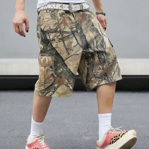 Men's Slim Fit Camo Printed Denim Shorts, Mid-Waist Streetwear Jean Cutoffs with Zipper Closure for Parties, Menswear, Camo Shorts