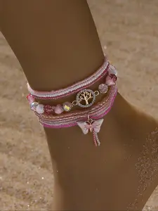 Women's Elegant Butterfly & Tree Of Life Design Anklet, Cute Trendy Barefoot Sandals Anklet, Fashionable Body Jewelry for Women & Girls, Dainty Layered Anklet, Boho