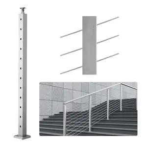 【fathersdaygift】VEVOR Cable Railing Post, 42" x 2" x 2" Steel 30° Angled Hole Stair Railing Post, 12 Pre-Drilled Holes, SUS304 Stainless Steel Cable Rail Post with Horizontal and Curved Bracket, 1-Pack, Silver