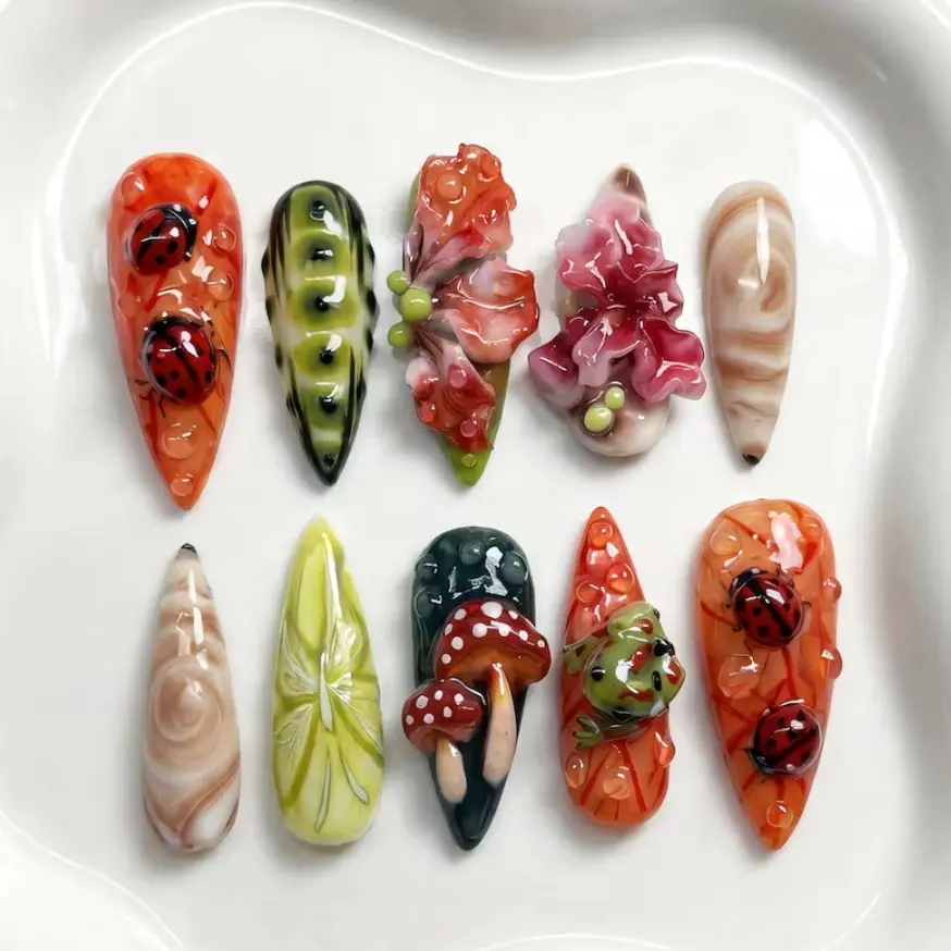 3D Press On Nails Set Mushroom, Ladybug & Frog Garden Gobblincore Art Luxury Gif For Her On Birthday, Party, Wedding Day