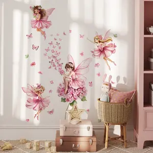 A set of 3 pieces (30*90cm*3pcs) pink butterfly fairy flower wall stickers Decorative Decal for living room, bedroom, home background decoration, self-adhesive MS3301-YL