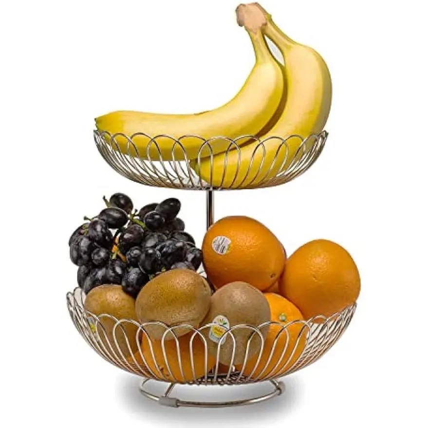 LANEJOY 2-Tier 11.6" Fruit Basket Bowl Stainless Steel Fruit Storage Basket Wire Bowl for kitchen with Bread Vegetables