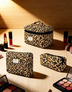 3-Piece Retro Leopard Quilted Travel Pouch Set