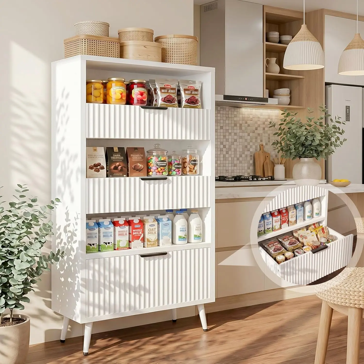 Cyclysio 51.2" Tall Engineered Wood Fluted Pantry Cabinet, Modern Pantry Organization Unit with 3 Slanted Bins, Freestanding Kitchen Snack Organizer for Nursery Toy Storage