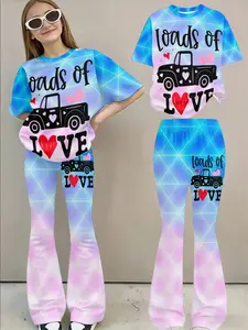 Vintage Truck Heart Gradient Set, Girls Short Sleeve Bell Bottom Two-Piece, Casual Fitted Pants, All over Print, No Zipper