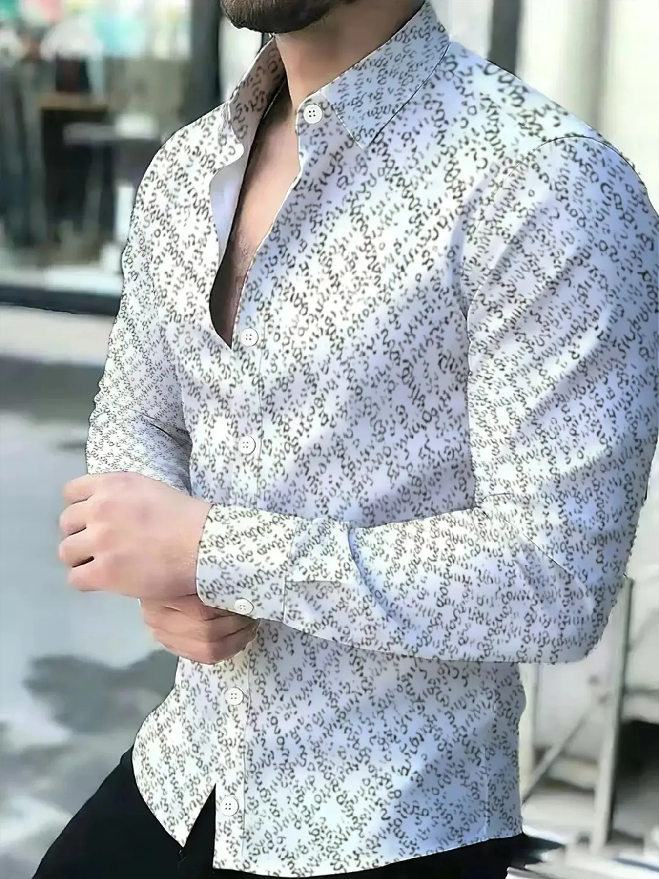 Men's Printed Long Sleeve Casual Collared Shirt, Fashion Casual Slim Fit, White Geometric Pattern Design, Simple Versatile Top