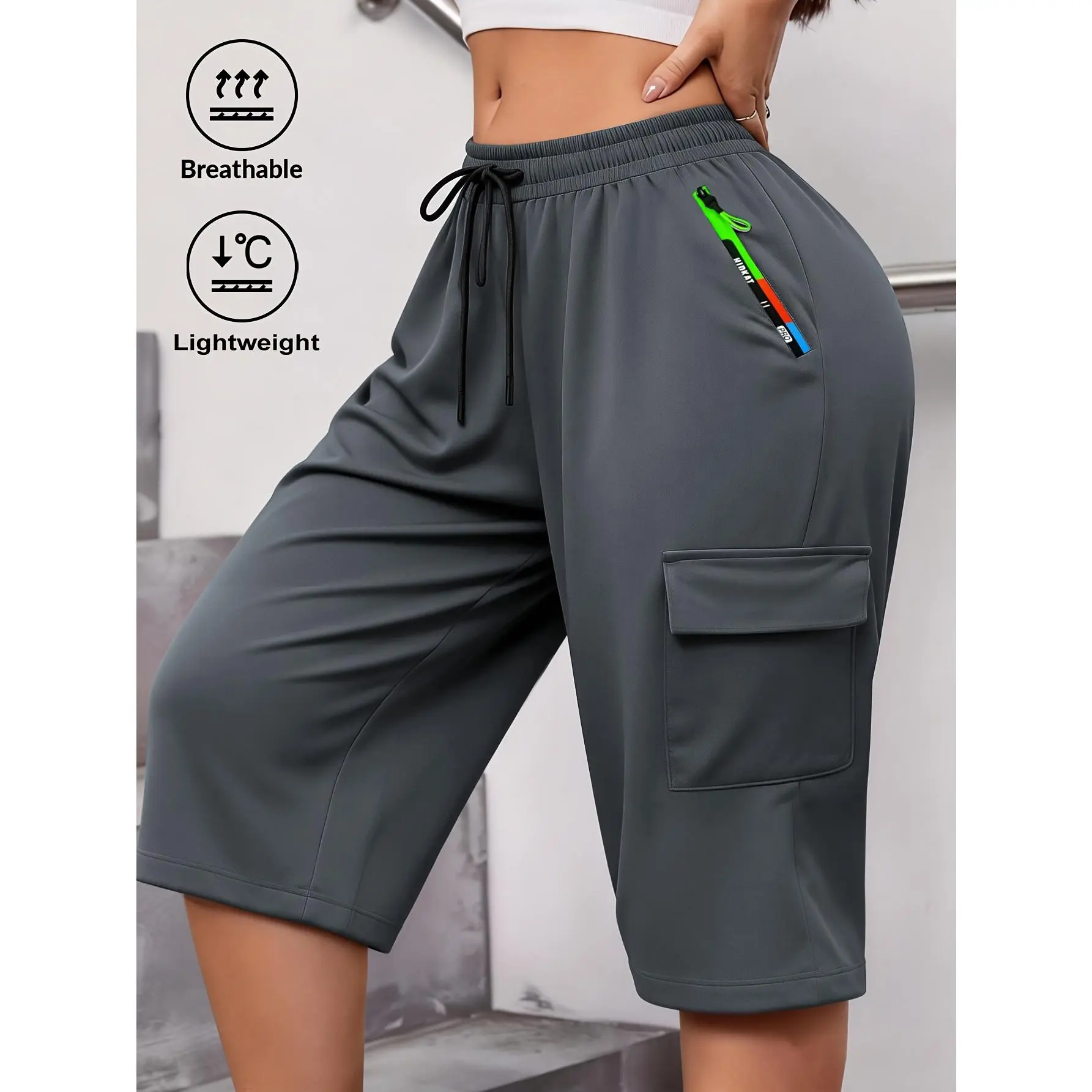 Women's 7/8 Length Gradient Green Cropped Cargo Activewear Bottoms - Zippered Pockets, Stylish Large Patch Pockets, Elastic Drawstring Waist, Comfortable Basic Sportswear for Outdoor Activities, Everyday Wear