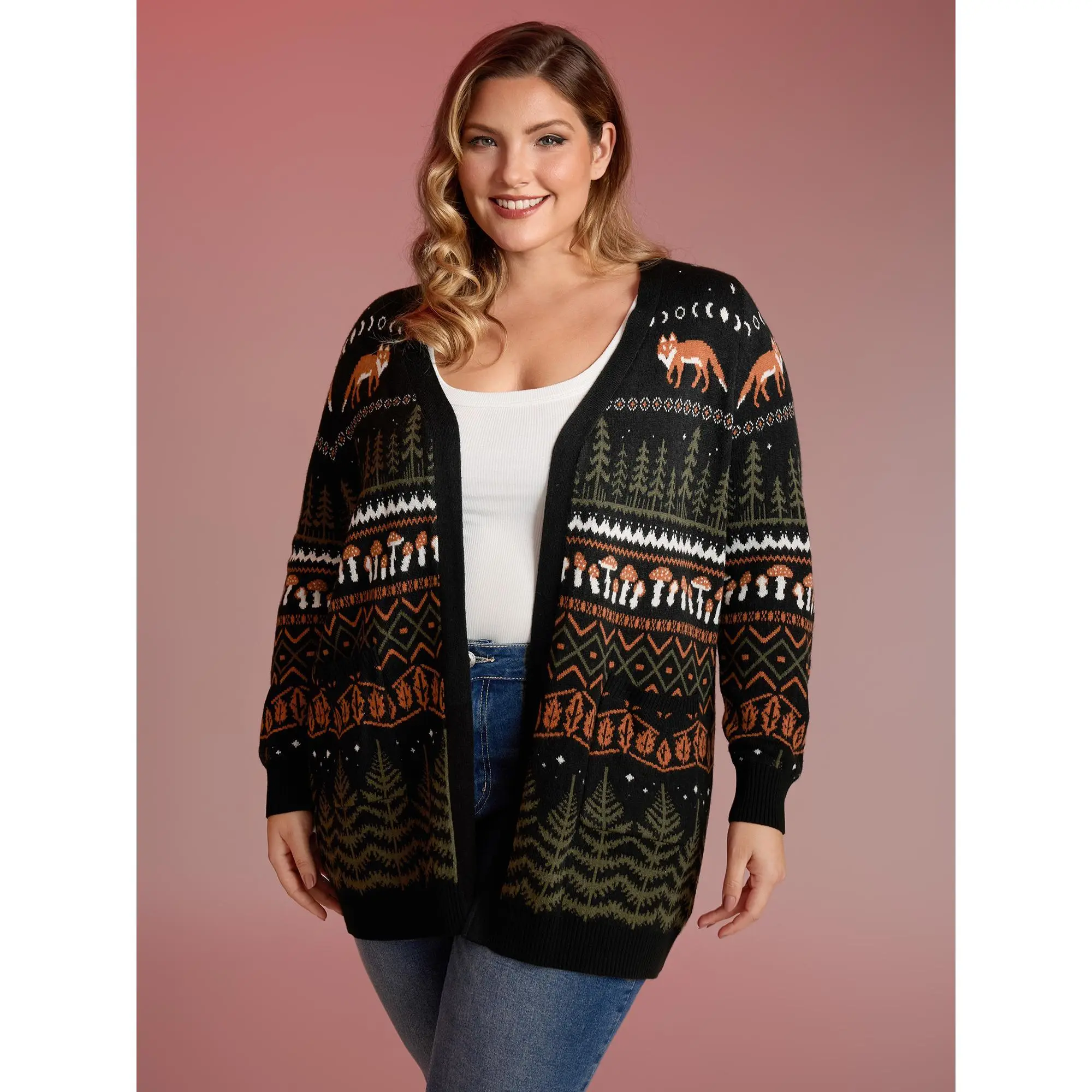BloomChic Women's Plus Size Fox Jacquard Knit Cardigan Sweaters - Breathable Open-Front V-Neck Simple Tunic with Pockets, Flows on Curves, Versatile for Halloween & Everyday Wear, Quality Fabric, Knitwear, Casual, Sleeve, Comfy, Tops, Plus Size Fashion