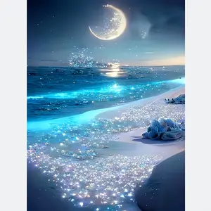1pc Enchanted Night Sea Beach Canvas Art Poster, Frameless Ocean Glow Wall Decor, Mystical Crescent Moon & Sparkling Shoreline, 30.48x40.64 cm, for Bedroom, Living Room, Bathroom, Office, Cafe