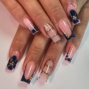 24pcs Square Medium-Length Fake Nails, Nude Base + French Tips, Gold Lines, Gold Beads, Reusable, Beginner-Friendly, Includes Jelly Glue & Nail File, Nail Art Accessories