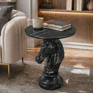 Modern Arch Black Horse Head Statue End Table - Round Top, Animal Motif, Marble-Look Resin Base, Indoor Living Room Furniture, Modern Accent Tables