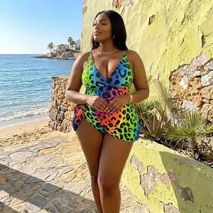 Plus Size Tummy Control Swim Dress, Neon Rainbow Leopard Print 1-Piece Bathing Suit with Skirt, Wrap Cutout Summer Vacation Swimwear Women