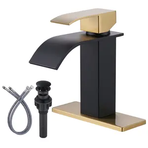 WOWOW Black and Gold Bathroom Faucet, Waterfall Faucet for Bathroom Sink Single Handle Mixer Tap Lavatory Vanity Faucet with Deck Plate and Pop Up Drain, 1 or 3 Hole