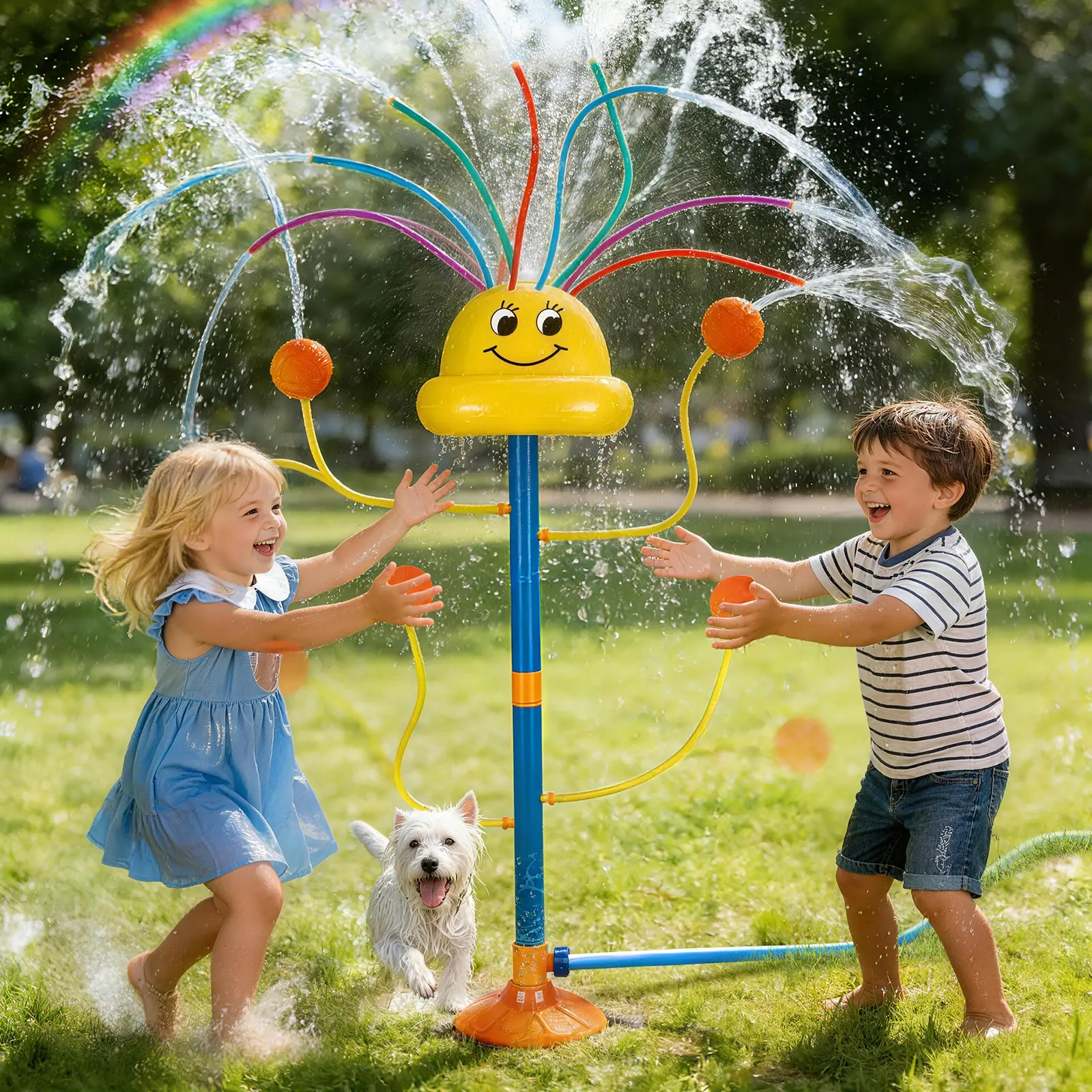 VATOS Water Sprinkler Outdoor Yard Toy for Kids, Smile Face Rainbow Splash Toy with 8 Wiggle Tubes 4 Nozzle, Backyard Lawn Water Sprinkler, Summer Family Games, Fun Water Toys for Kids 3-8 Boy Girl backtoschool