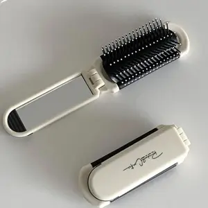 Folding Travel Hair Brush with Mirror, Cream White Portable Pocket Hairbrush with Flexible Bristles, Gently Detangle Hair, Lightweight Foldable Comb for Women(White), Hair Detangling Comb, Hair Detangler Brush