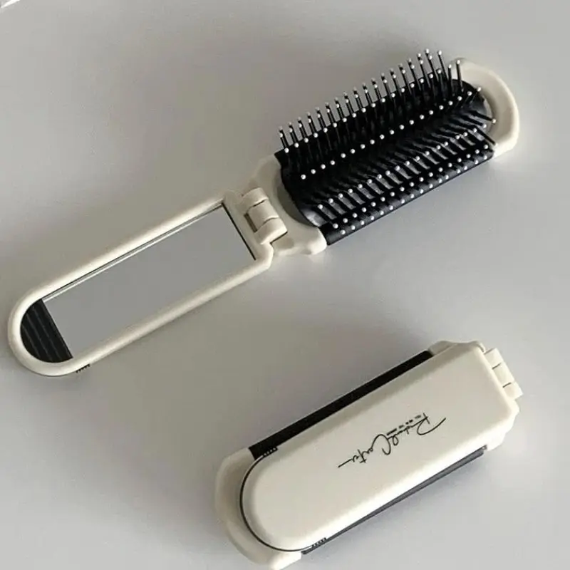 Folding Travel Hair Brush with Mirror, Cream White Portable Pocket Hairbrush with Flexible Bristles, Gently Detangle Hair, Lightweight Foldable Comb for Women(White), Hair Detangling Comb, Hair Detangler Brush, Anti Tangle Brush