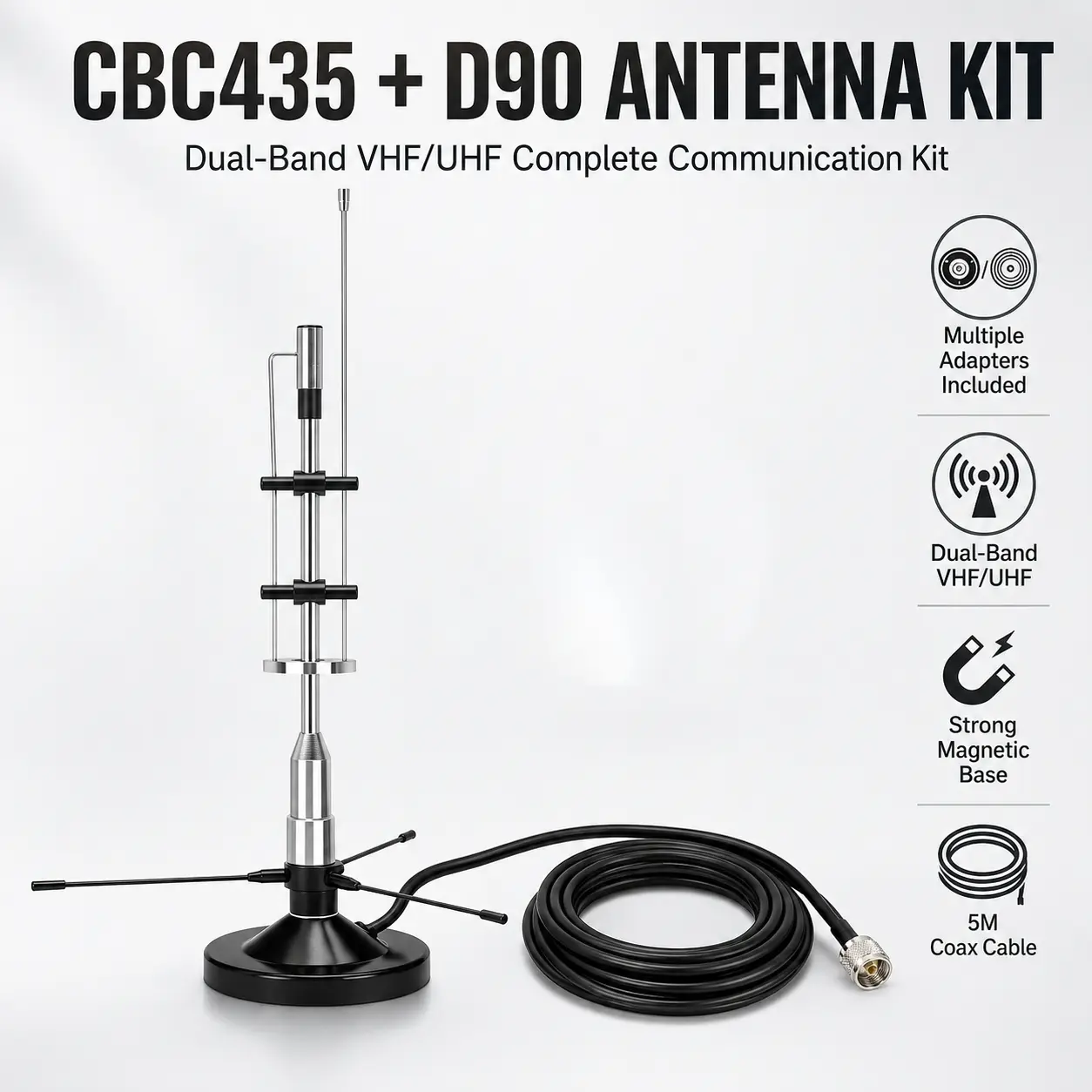 CBC435 VHF/UHF Dual Band Antenna Kit with D90 Magnetic Mount Base, 16.4FT Coax Cable & SMA/BNC Adapters, High Gain Portable Communication Antenna for Ham Radio, GMRS, Truck, RV & Emergency Use