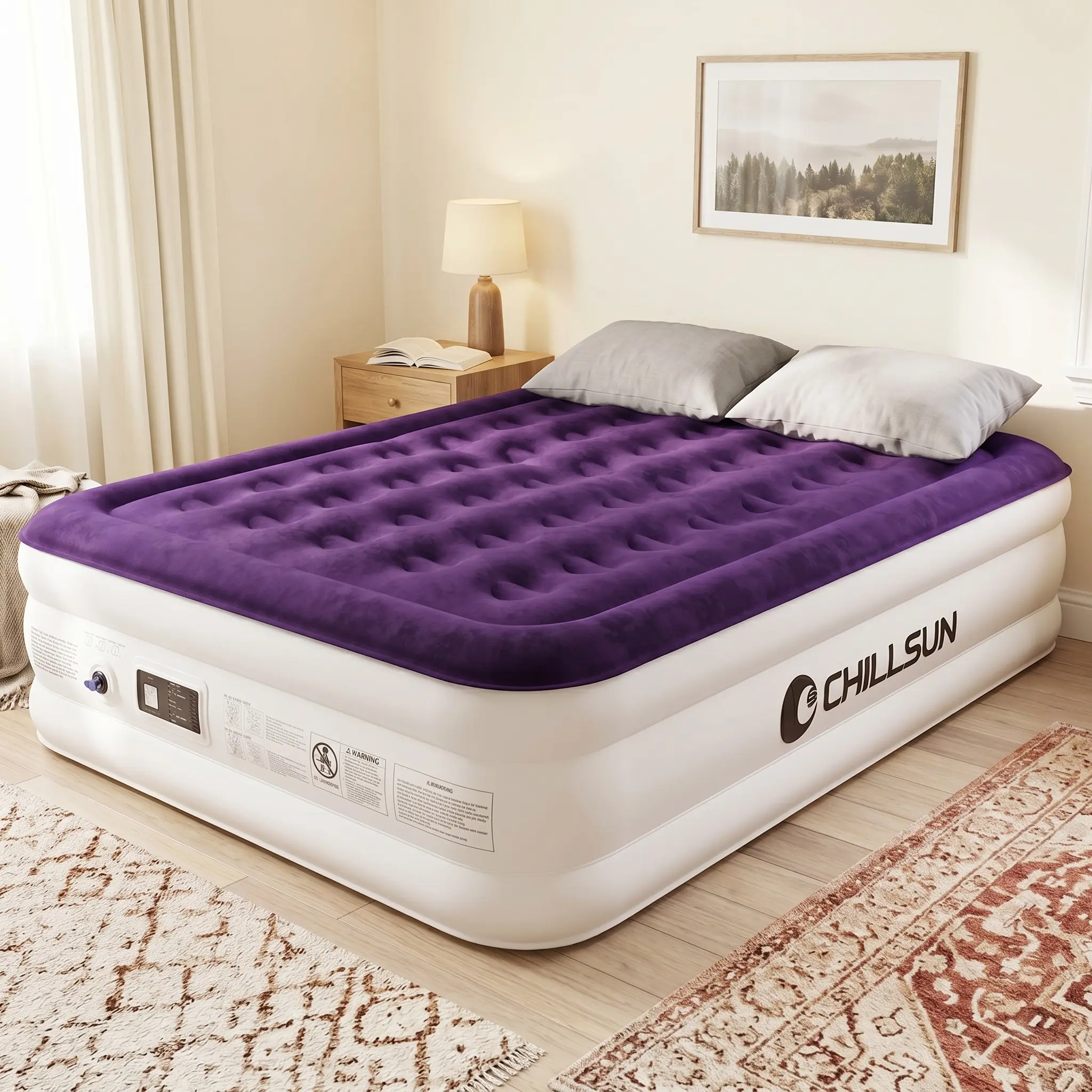 CHILLSUN Queen Size Air Mattress with Built-in Pump - Queen Size Mattress, 2 Mins Quick Self-Inflation/Deflation, 18"/16"/13" Height, 650lbs Max Weight, Strong Support, Flocked Top, Puncture Resistant, for Camping, Home Guests, Mattress Queen Size