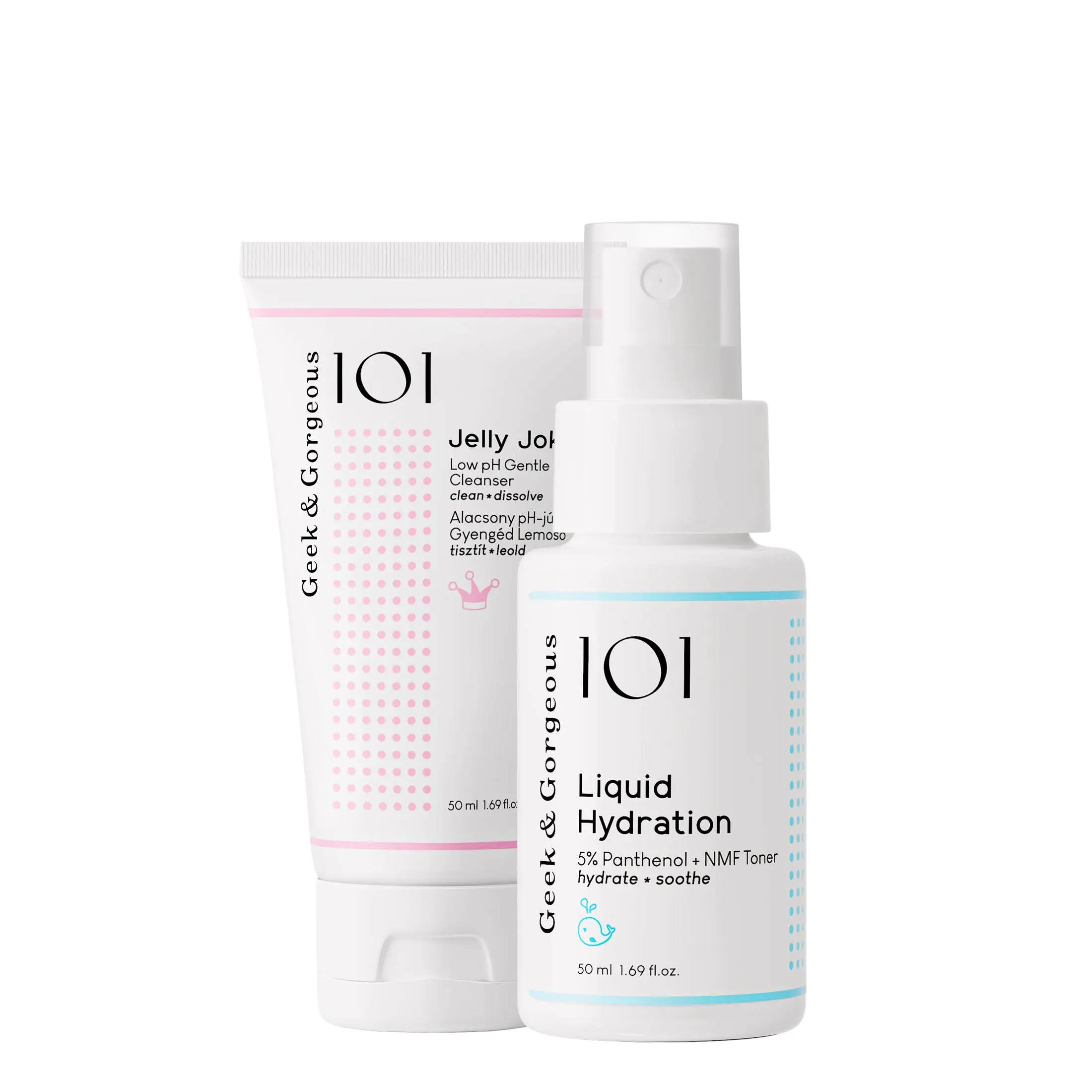 2-Piece Travel Skincare Kit Set with Gentle Jelly Cleanser and Hydrating Liquid Moisturizer Toner with 5% Panthenol, 50ml Unisex Duo for All Skin Types, Geek & Gorgeous 101, Natural