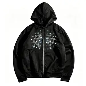 Father’s Day Gift Ideas: Y2K Style Zip-Up Hoodie with Rhinestone Star Pattern, Unisex Design, Black Loose Fit, American Streetwear Sweatshirt