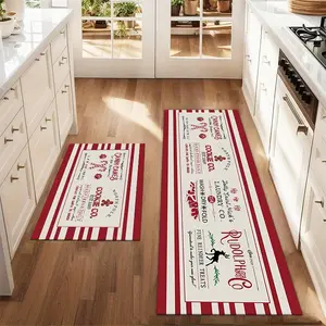 2pcs Christmas Candy Gingerbread Man Striped Background Floor Mat Set For Farmhouse Kitchen Rug Restaurant Floor Laundry Room Decor Carpet Mat, Printed Rug