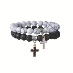 2pcs Black Volcanic Stone Cross Pendant Bracelet