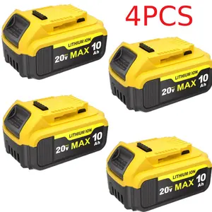 4-pack, 10.0Ah 20V Lithium-ion Replacement Battery for Dewalt Wireless Tools - Compatible with DCB200, DCB205, DCB206 and other models.